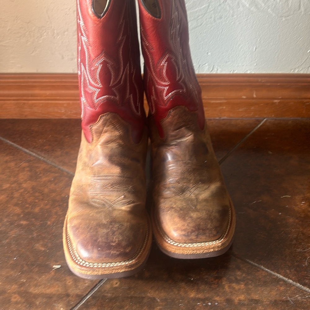 Old West Mens Broad Square Toe Brown/Burnt Red Leather Cowboy Boots size 7D